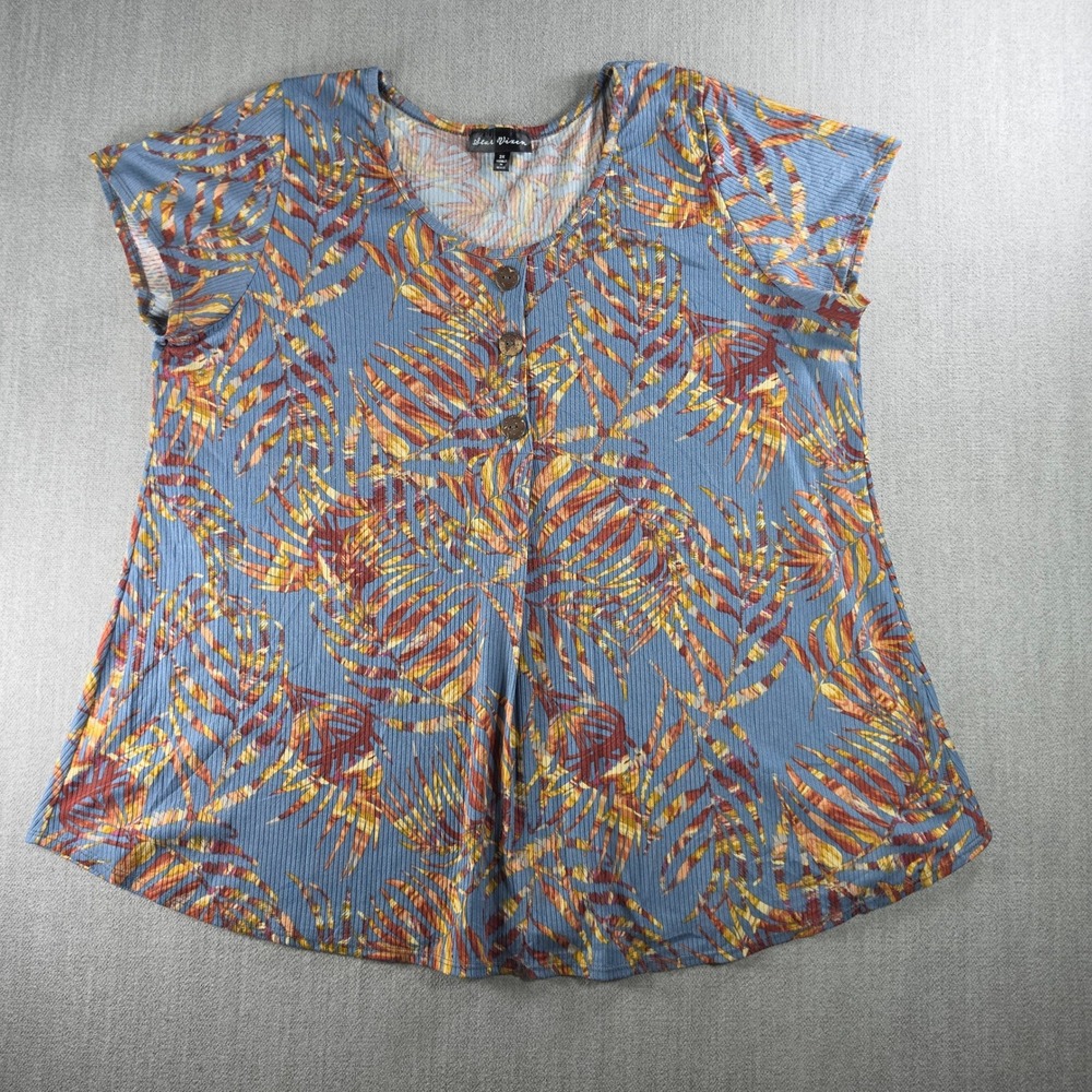 Star‎ Vixen Top Womens 2X Blue Tropical Palm Leaf Ribbed Button Front Short Slv